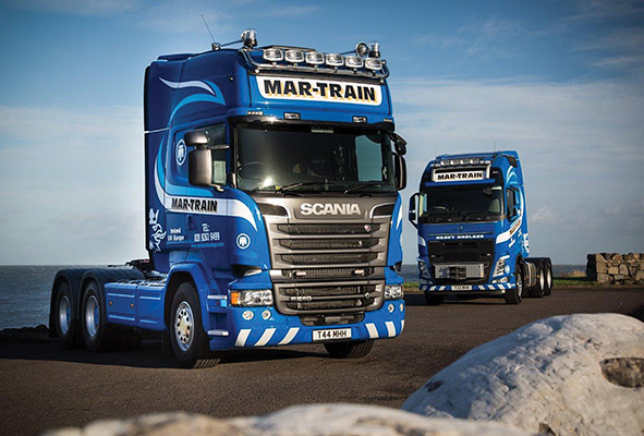 Mar-Train operate a fleet of 22 trucks between their two depots with Scania, Volvo, Mercedes and DAF making up the fleet.)